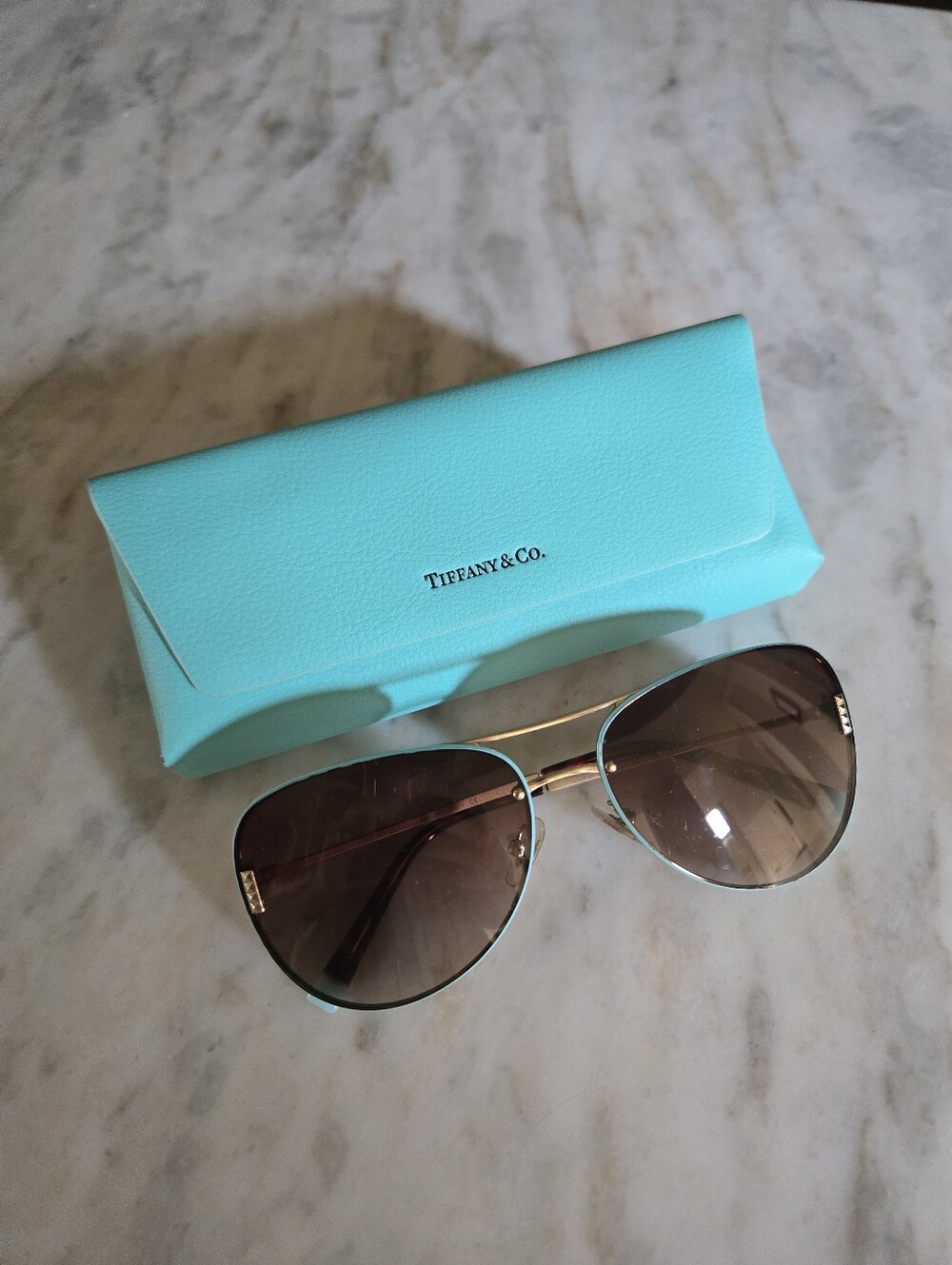 Tiffany & Co. Gold & Blue Aviator Sunglasses with Brown Lenses TF3066